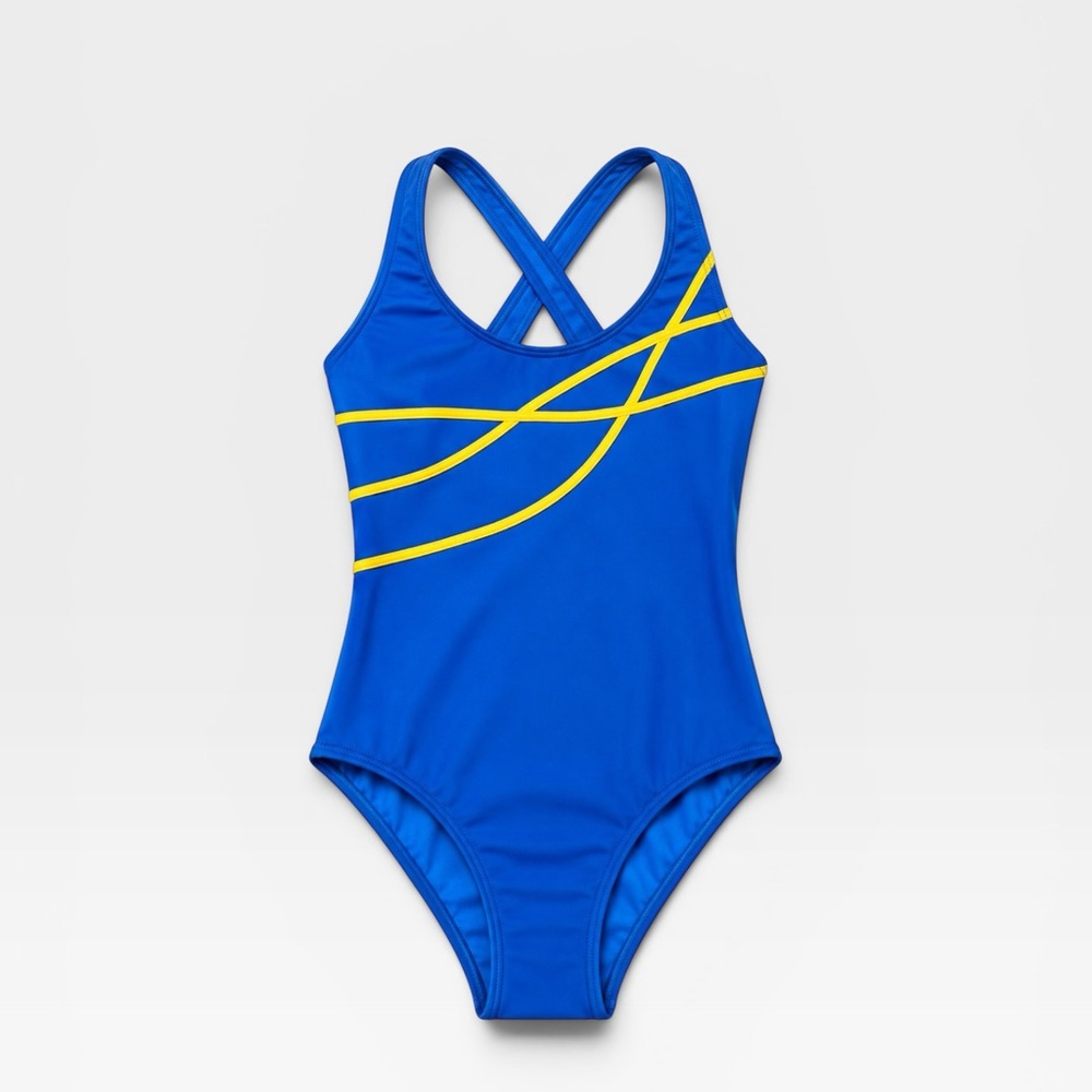 Blue Girls' One-Piece Swimsuit with Yellow Stripes